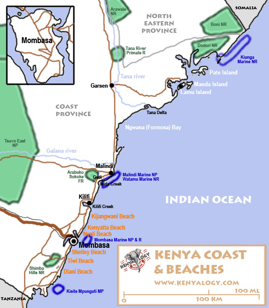 Beaches of Kenya. Map by Javier Yanes/Kenyalogy.com